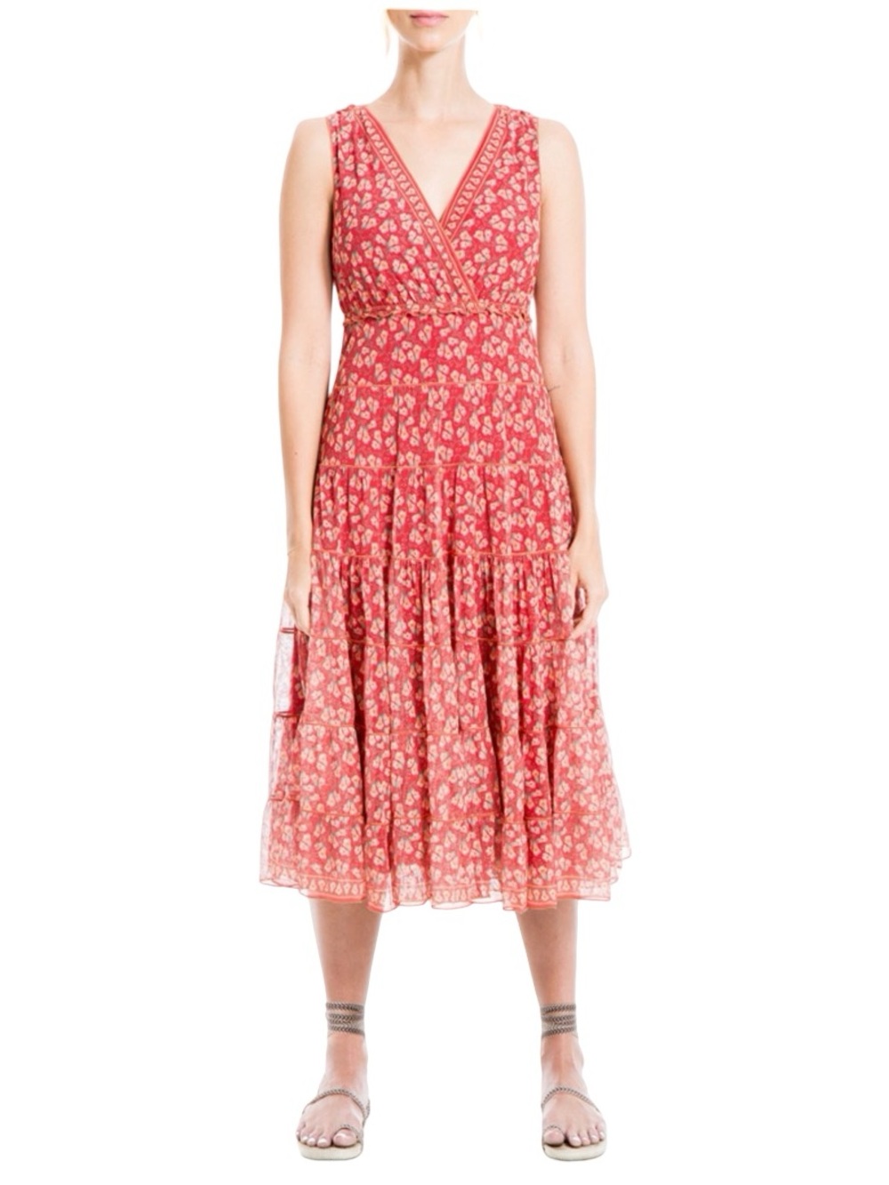 Max Studio Tiered Floral V Neck Ruffled Midi Dress 1X
